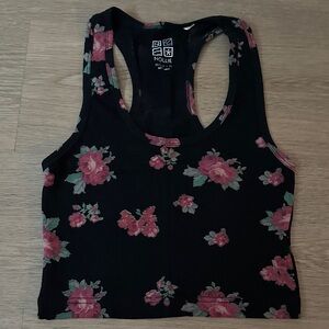 PacSun Nollie Black Crop Top with Pink Floral Design